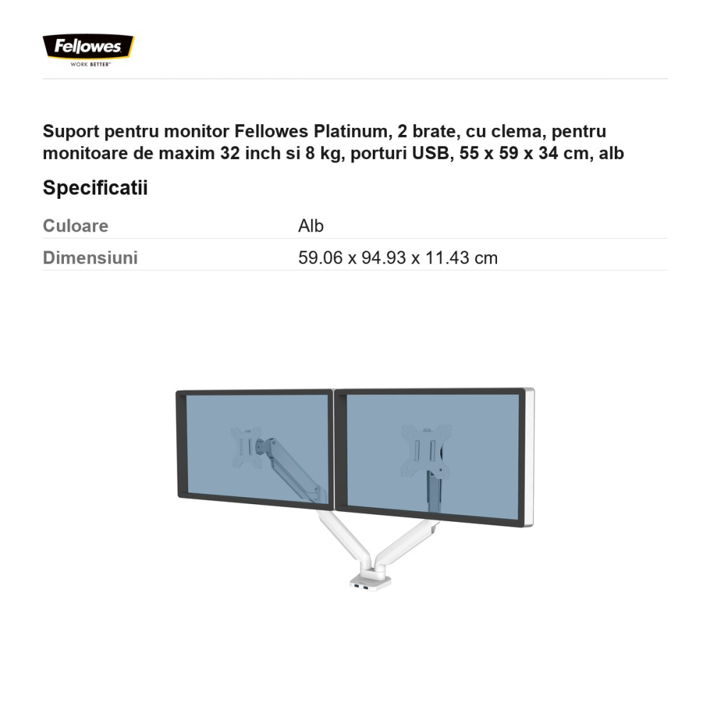 Suport pentru monitor Fellowes Platinum, 2 brate, cu clema, pentru monitoare de maxim 32 inch si 8 kg, porturi USB, 55 x 59 x 34 cm, alb [3]