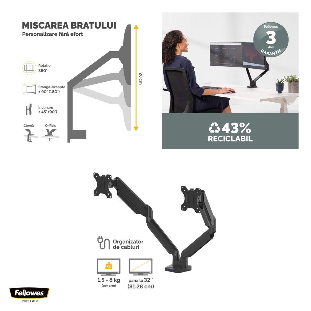 Suport pentru monitor Fellowes Platinum, 2 brate, cu clema, pentru monitoare de maxim 32 inch si 8 kg, porturi USB, 55 x 59 x 34 cm, negru [4]
