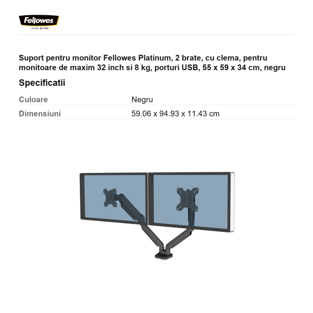Suport pentru monitor Fellowes Platinum, 2 brate, cu clema, pentru monitoare de maxim 32 inch si 8 kg, porturi USB, 55 x 59 x 34 cm, negru [3]