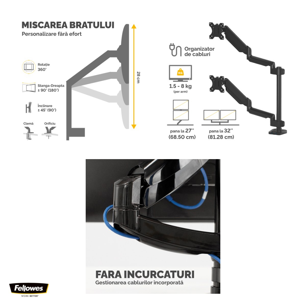 Suport pentru monitor Fellowes Platinum, 2 brate pe verticala, cu clema, pentru monitoare de maxim 32 inch si 8 kg, porturi USB, 74 x 53 x 25 cm, negru [4]