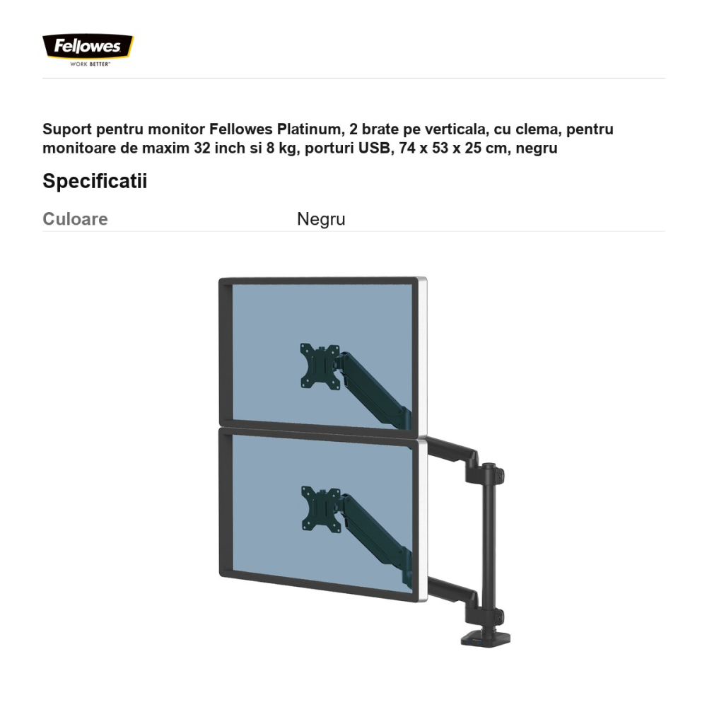 Suport pentru monitor Fellowes Platinum, 2 brate pe verticala, cu clema, pentru monitoare de maxim 32 inch si 8 kg, porturi USB, 74 x 53 x 25 cm, negru [3]