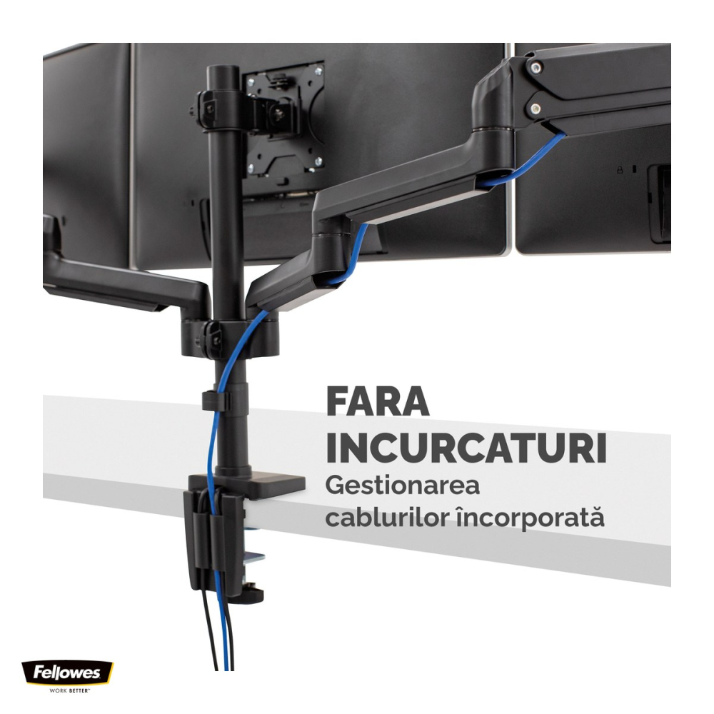 Suport pentru monitor Fellowes Platinum, 3 brate, cu clema, pentru monitoare de maxim 27 inch si 8 kg, porturi USB, 72 x 110 x 35 cm, negru [5]