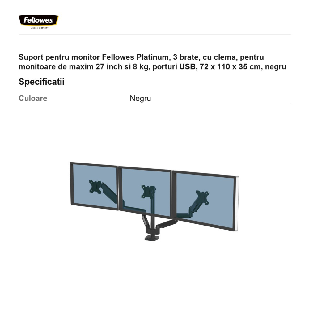 Suport pentru monitor Fellowes Platinum, 3 brate, cu clema, pentru monitoare de maxim 27 inch si 8 kg, porturi USB, 72 x 110 x 35 cm, negru [3]