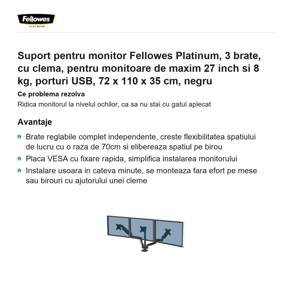 Suport pentru monitor Fellowes Platinum, 3 brate, cu clema, pentru monitoare de maxim 27 inch si 8 kg, porturi USB, 72 x 110 x 35 cm, negru [2]