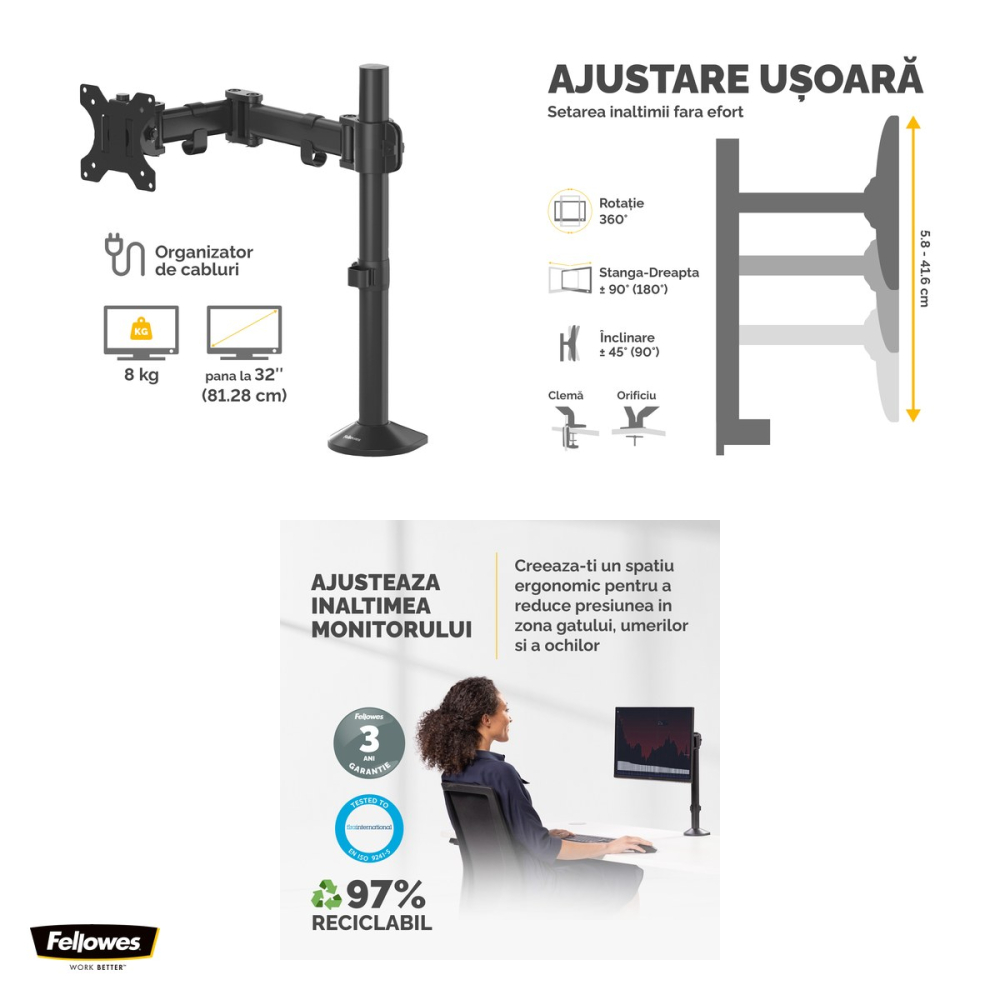 Suport pentru monitor Fellowes Reflex, 1 brat, pentru monitoare de maxim 32 inch si 8 kg, VESA, 55x12x49 cm [4]