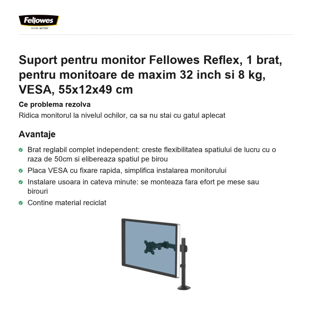 Suport pentru monitor Fellowes Reflex, 1 brat, pentru monitoare de maxim 32 inch si 8 kg, VESA, 55x12x49 cm [2]