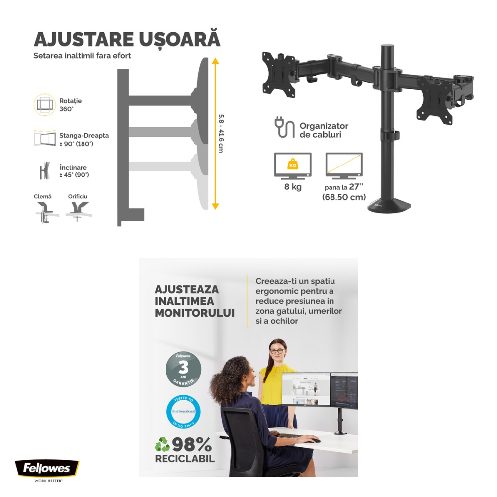 Suport pentru monitor Fellowes Reflex, 2 brate, pentru monitoare de maxim 27 inch si 7 kg, VESA, 55x12x49 cm [4]