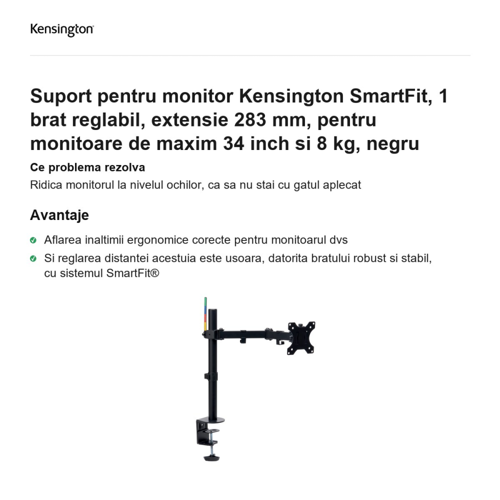 Suport pentru monitor Kensington SmartFit, 1 brat reglabil, extensie 283 mm, pentru monitoare de maxim 34 inch si 8 kg, negru [2]