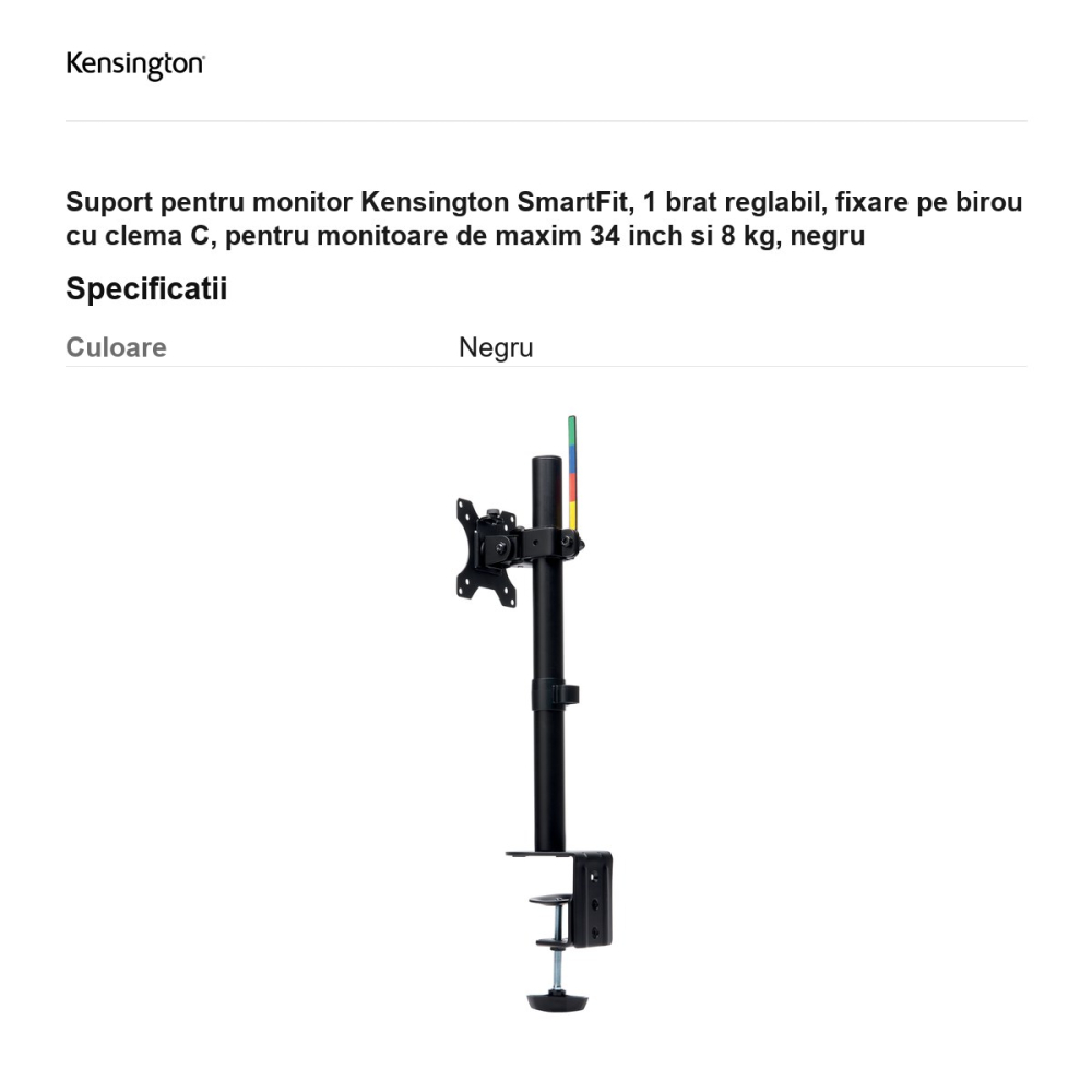 Suport pentru monitor Kensington SmartFit, 1 brat reglabil, fixare pe birou cu clema C, pentru monitoare de maxim 34 inch si 8 kg, negru [3]