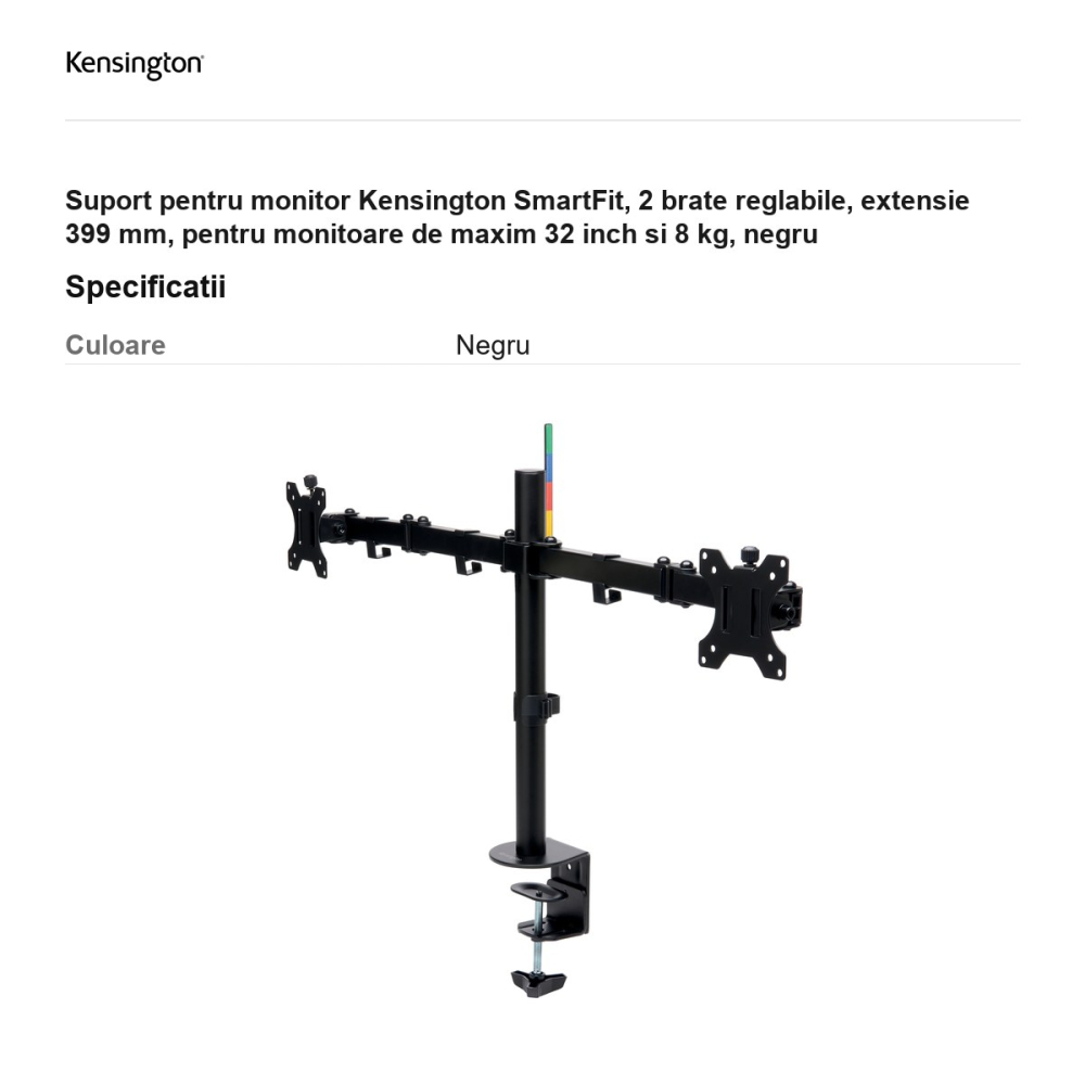 Suport pentru monitor Kensington SmartFit, 2 brate reglabile, extensie 399 mm, pentru monitoare de maxim 32 inch si 8 kg, negru [3]