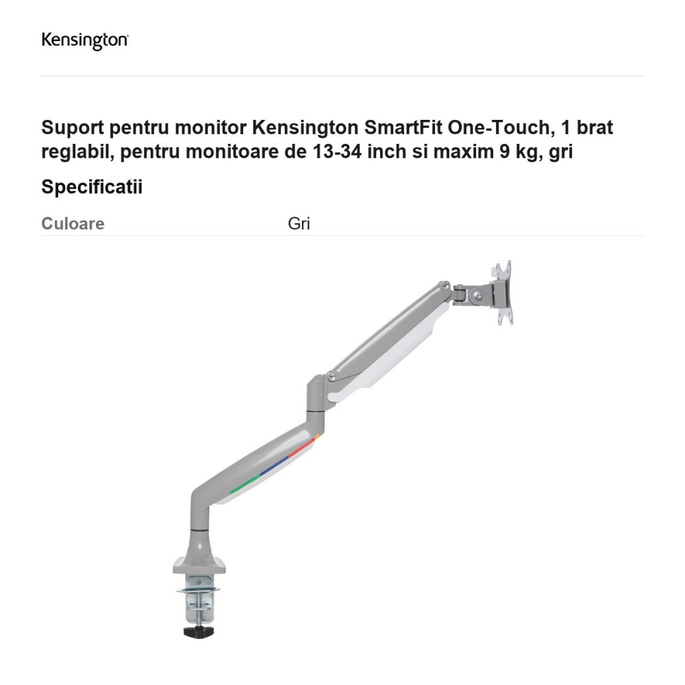 Suport pentru monitor Kensington SmartFit One-Touch, 1 brat reglabil, pentru monitoare de 13-34 inch si maxim 9 kg, gri [3]