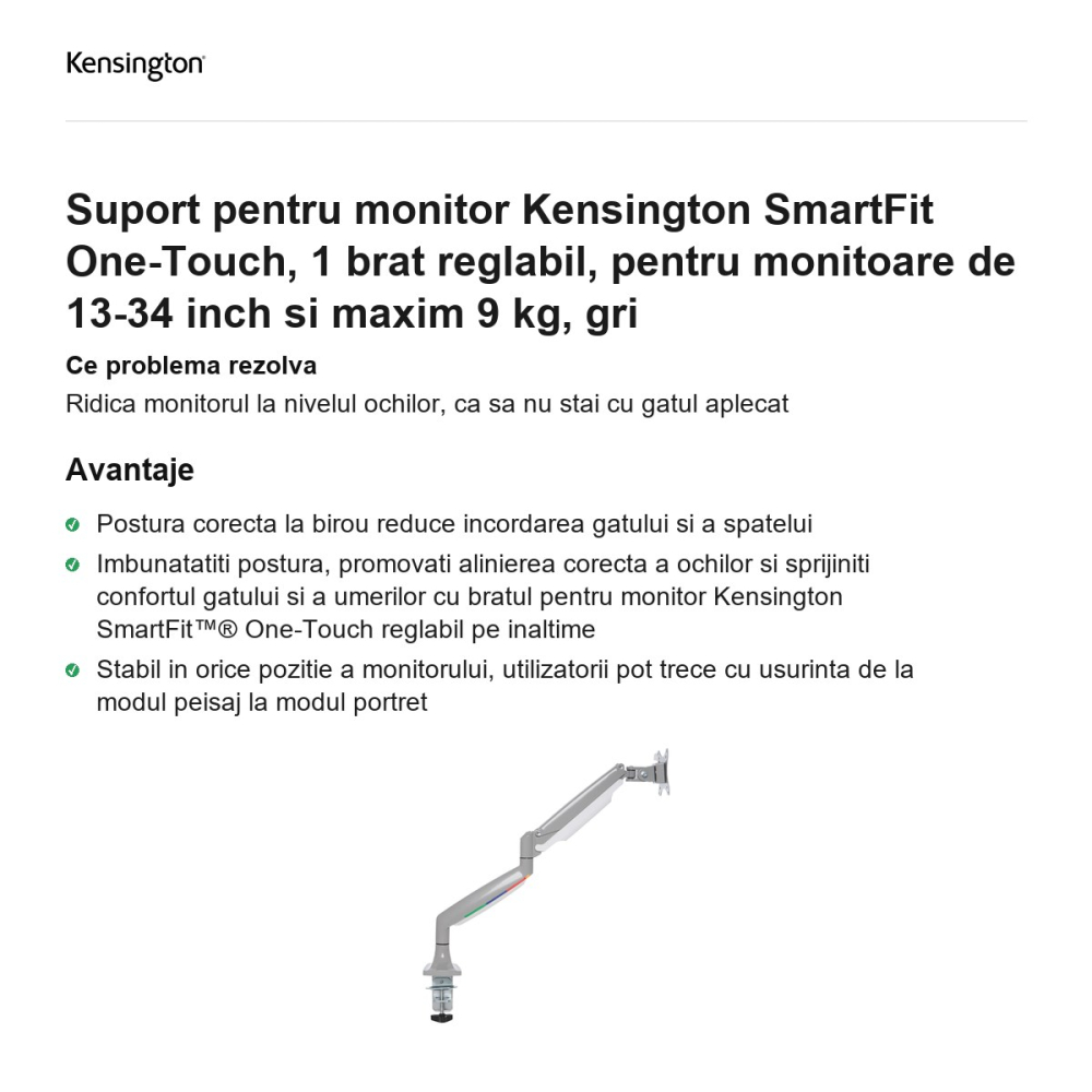 Suport pentru monitor Kensington SmartFit One-Touch, 1 brat reglabil, pentru monitoare de 13-34 inch si maxim 9 kg, gri [2]