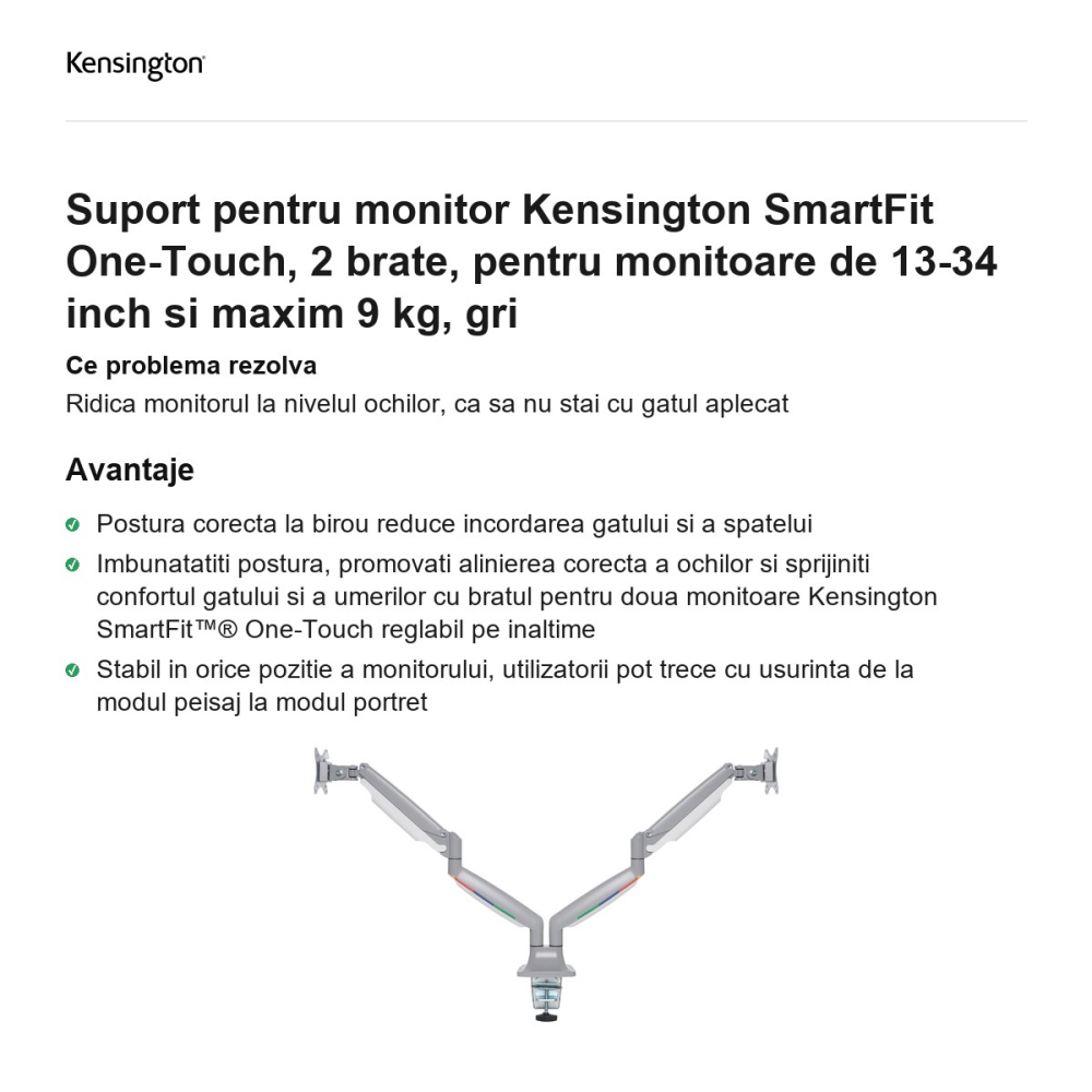 Suport pentru monitor Kensington SmartFit One-Touch, 2 brate, pentru monitoare de 13-34 inch si maxim 9 kg, gri [2]