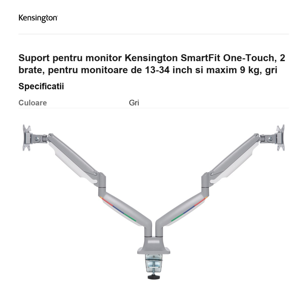 Suport pentru monitor Kensington SmartFit One-Touch, 2 brate, pentru monitoare de 13-34 inch si maxim 9 kg, gri [3]