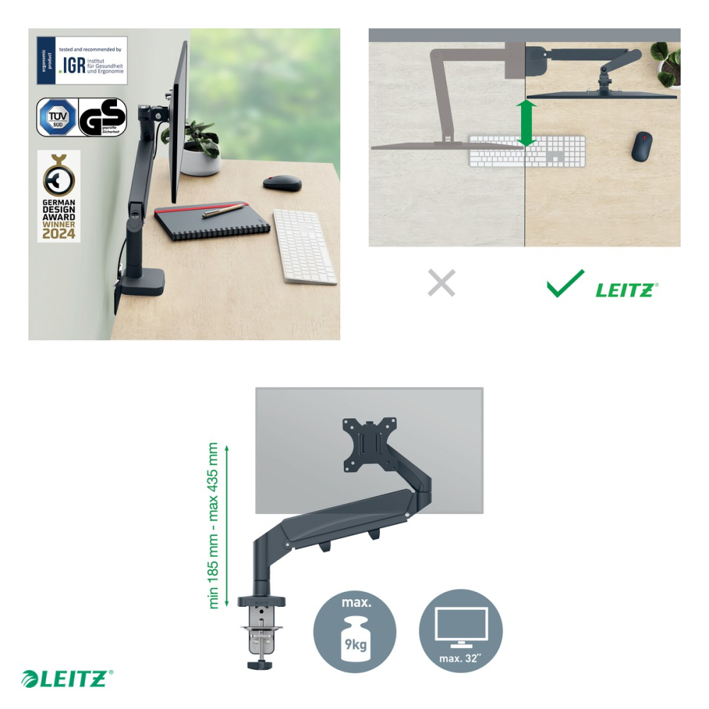 Suport pentru monitor Leitz Ergo, 1 brat, fixare pe birou cu clema C, pentru monitoare de 17-32 inch si maxim 9 kg, 550 x 110 x 520 mm, gri carbune [4]