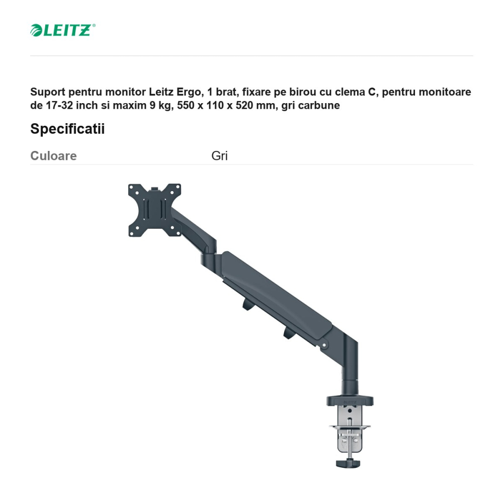 Suport pentru monitor Leitz Ergo, 1 brat, fixare pe birou cu clema C, pentru monitoare de 17-32 inch si maxim 9 kg, 550 x 110 x 520 mm, gri carbune [3]