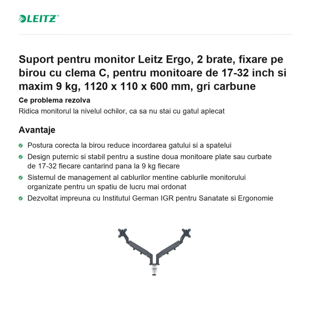 Suport pentru monitor Leitz Ergo, 2 brate, fixare pe birou cu clema C, pentru monitoare de 17-32 inch si maxim 9 kg, 1120 x 110 x 600 mm, gri carbune [2]