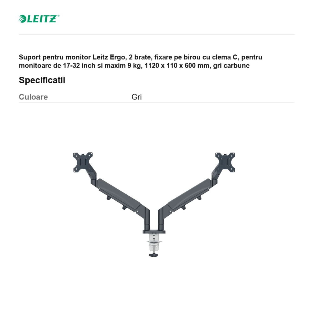 Suport pentru monitor Leitz Ergo, 2 brate, fixare pe birou cu clema C, pentru monitoare de 17-32 inch si maxim 9 kg, 1120 x 110 x 600 mm, gri carbune [3]