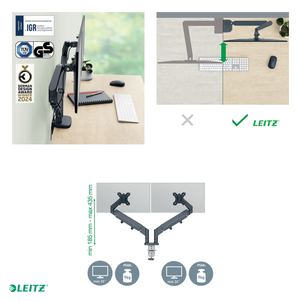 Suport pentru monitor Leitz Ergo, 2 brate, fixare pe birou cu clema C, pentru monitoare de 17-32 inch si maxim 9 kg, 1120 x 110 x 600 mm, gri carbune [4]