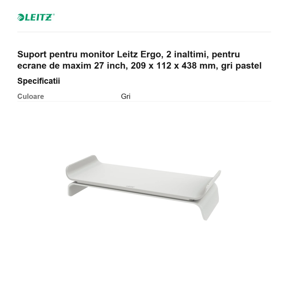 Suport pentru monitor Leitz Ergo, 2 inaltimi, pentru ecrane de maxim 27 inch, 209 x 112 x 438 mm, gri pastel [3]