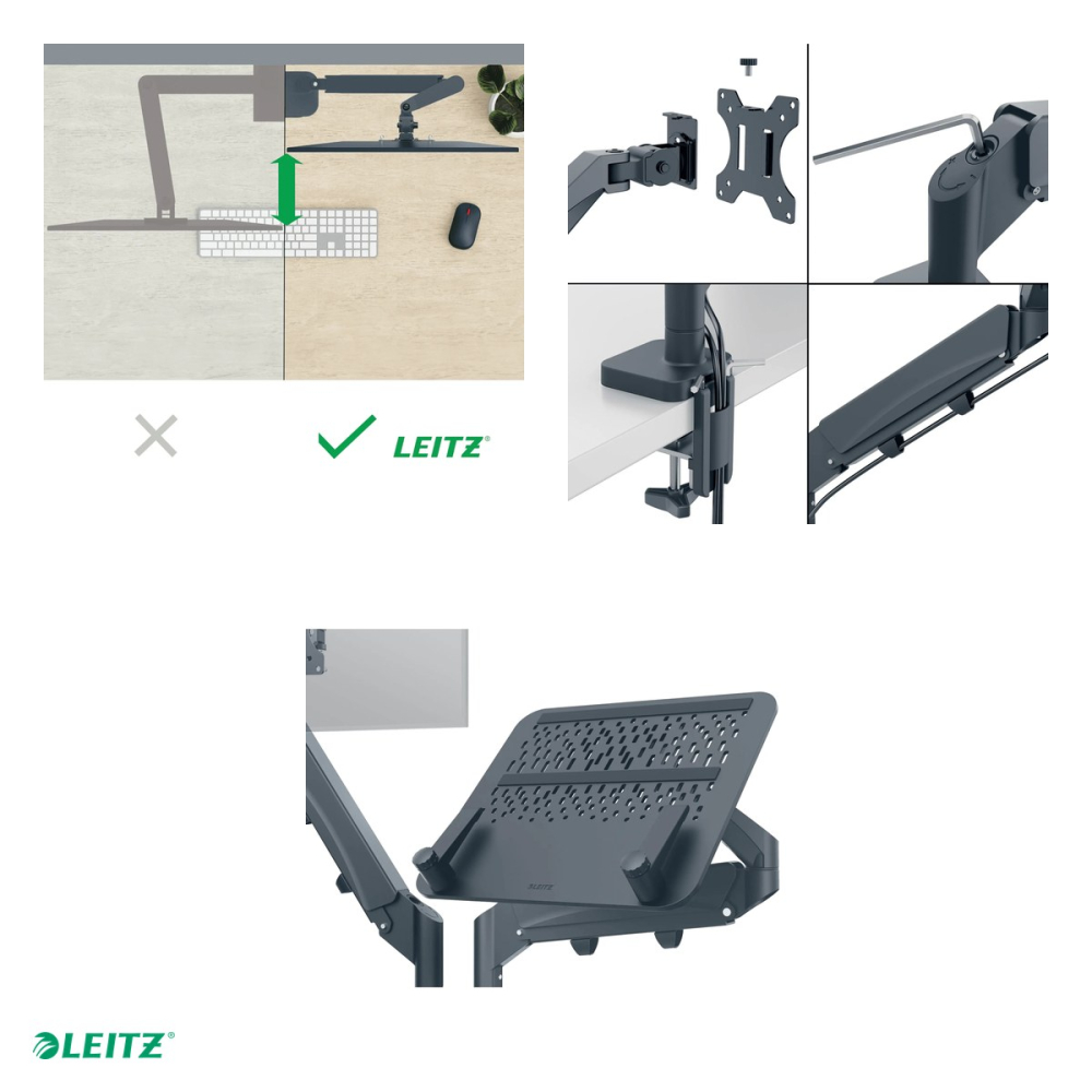 Suport pentru monitor si laptop Leitz Ergo, 2 brate, fixare pe birou cu clema C, monitor de 17-32 inch si laptop de 13-17 inch, 1120 x 110 x 600 mm, gri carbune [4]