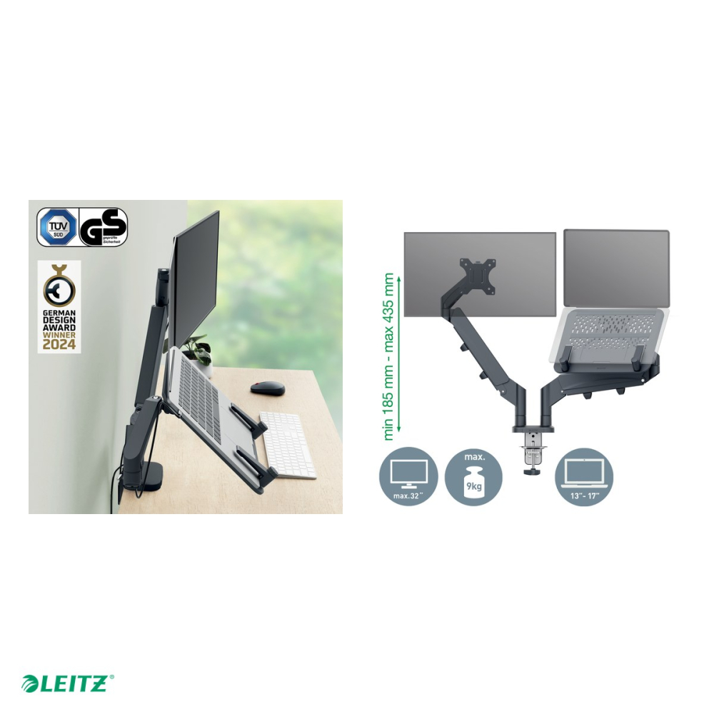Suport pentru monitor si laptop Leitz Ergo, 2 brate, fixare pe birou cu clema C, monitor de 17-32 inch si laptop de 13-17 inch, 1120 x 110 x 600 mm, gri carbune [5]