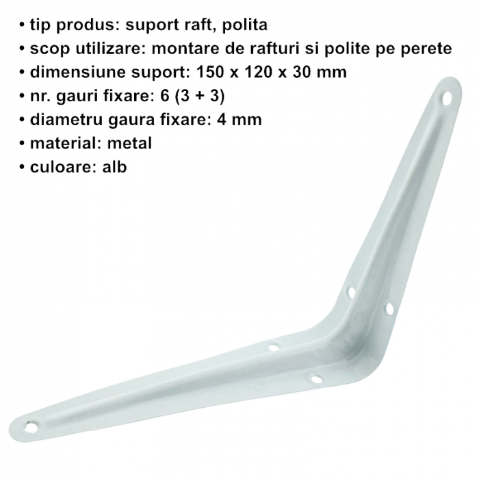Suport pentru raft si polita, tip L, din metal, 120 X 150 X 30 mm, alb [5]