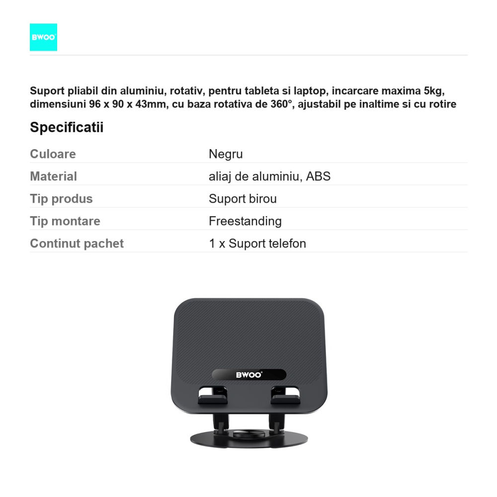 Suport pliabil din aluminiu, rotativ, pentru tableta si laptop, incarcare maxima 5kg, dimensiuni 96 x 90 x 43mm, cu baza rotativa de 360°, ajustabil pe inaltime si cu rotire la 180°, negru [3]