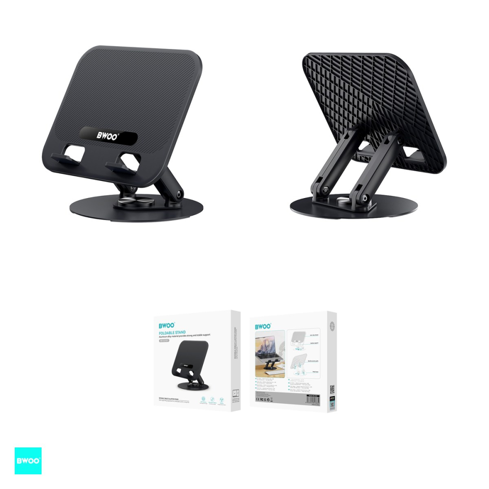 Suport pliabil din aluminiu, rotativ, pentru tableta si laptop, incarcare maxima 5kg, dimensiuni 96 x 90 x 43mm, cu baza rotativa de 360°, ajustabil pe inaltime si cu rotire la 180°, negru [4]