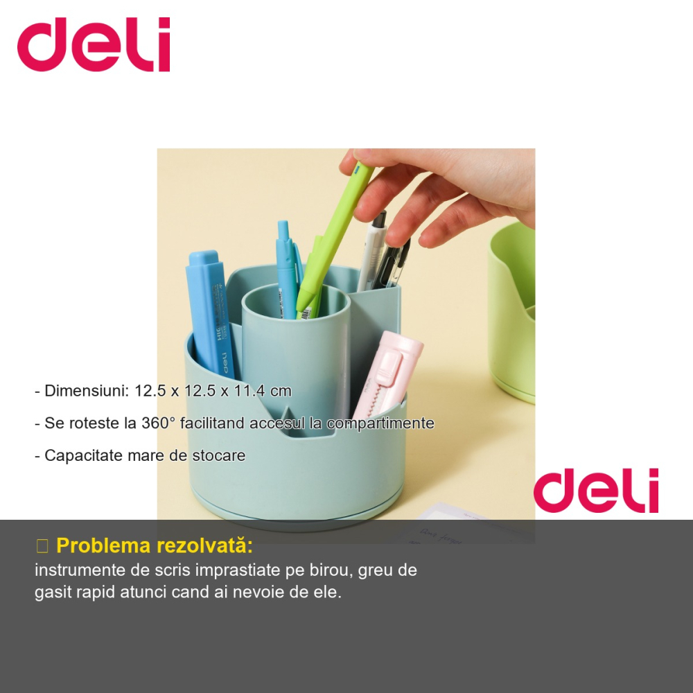 Suport rotativ Deli, 4 compartimente, plastic reciclat, pentru instrumente de scris, birou organizat [2]