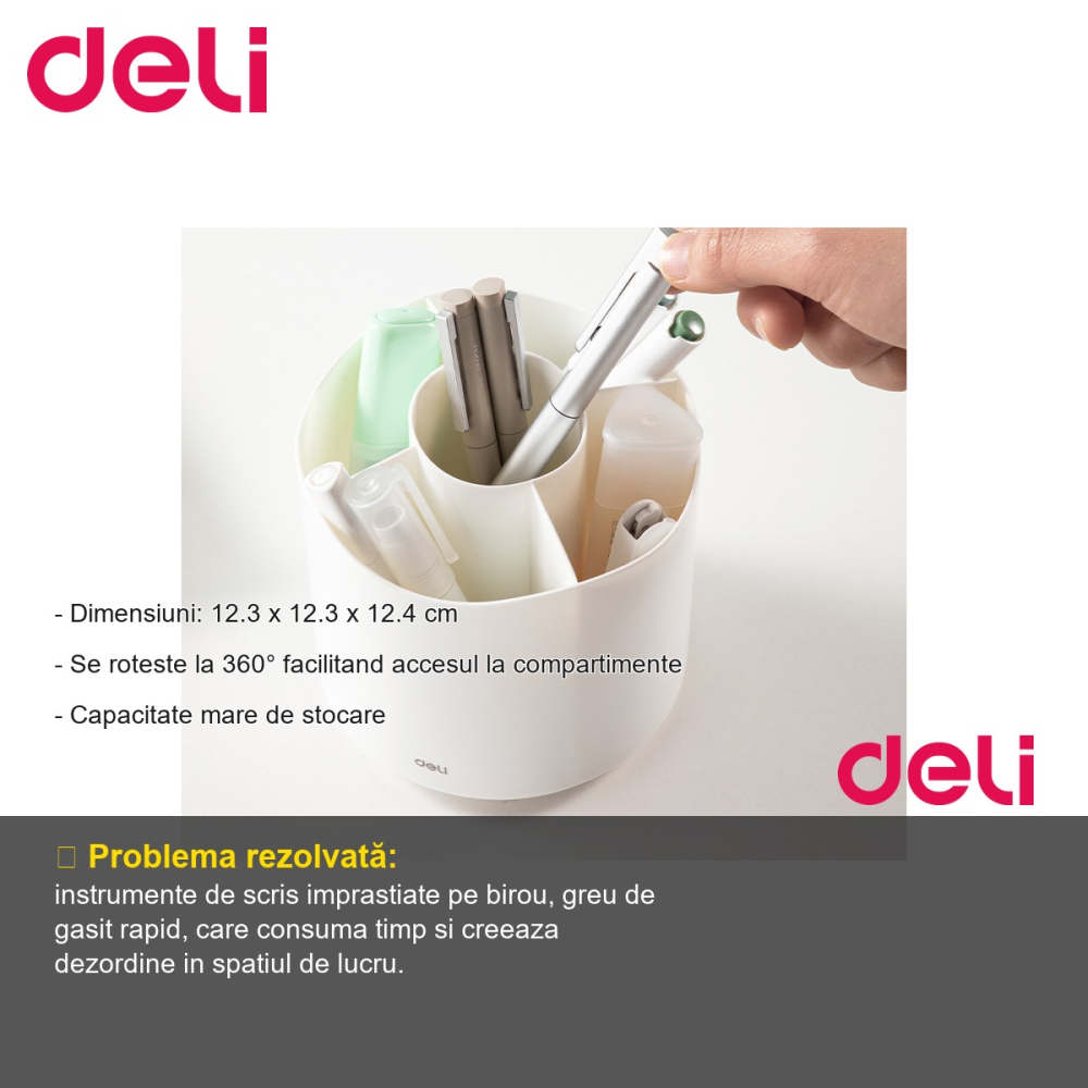 Suport rotativ Deli, 5 compartimente, pentru instrumente de scris, culoare alba, birou organizat [2]