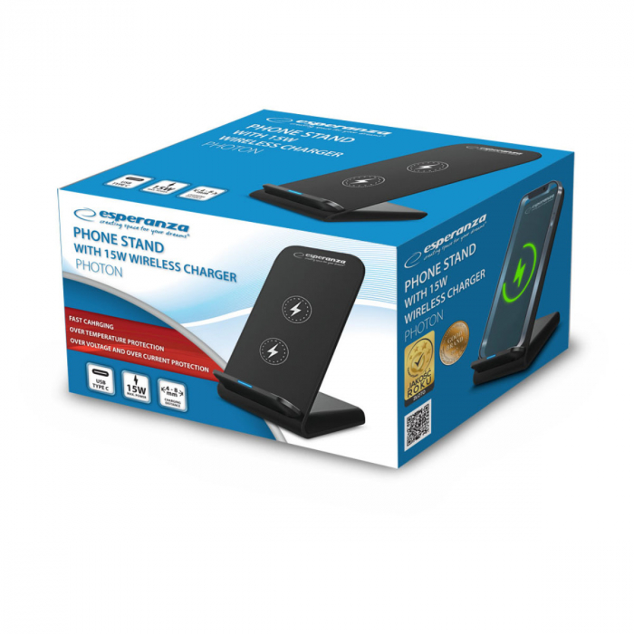 Suport smartphone cu incarcare wireless, Esperanza 95871, 15W, USB-C, indicator LED, negru [7]