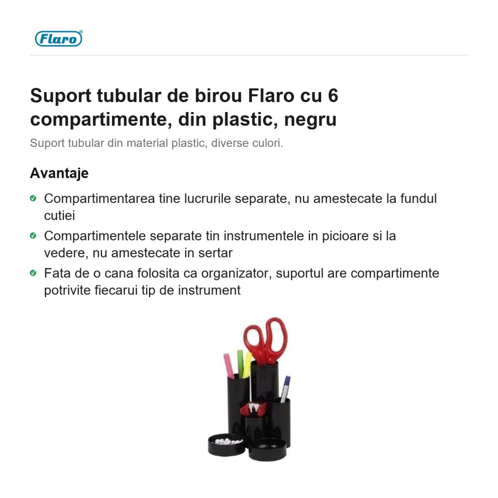 Suport tubular de birou Flaro cu 6 compartimente, din plastic, negru [2]