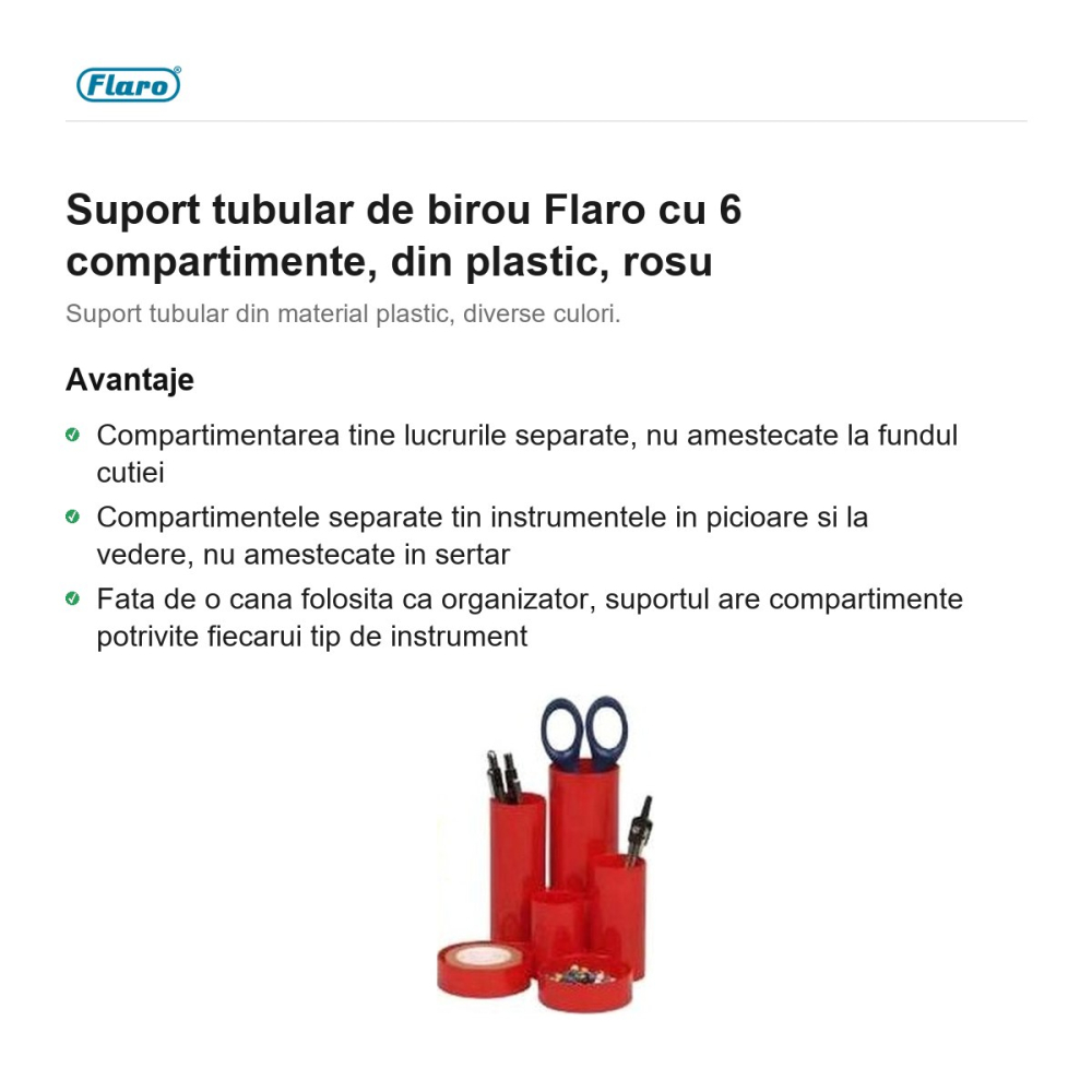 Suport tubular de birou Flaro cu 6 compartimente, din plastic, rosu [2]