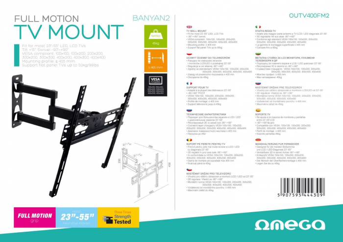 Suport TV de perete Omega 44430, reglabil,23''-55'',45 kg, negru [4]