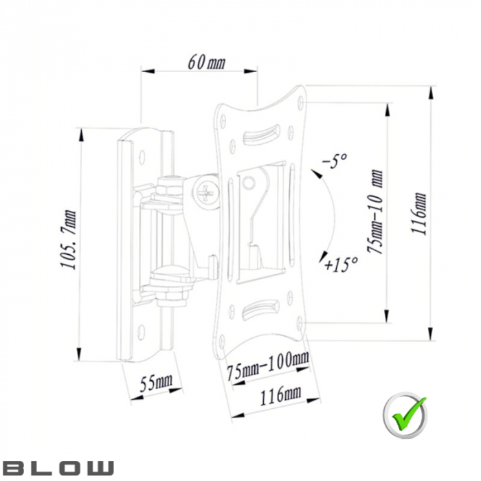 Suport TV/monitor universal, de perete, Blow 08174, rotire 60°, 10-27 inch, 15kg max, VESA 75x75mm/100x100mm, negru [8]