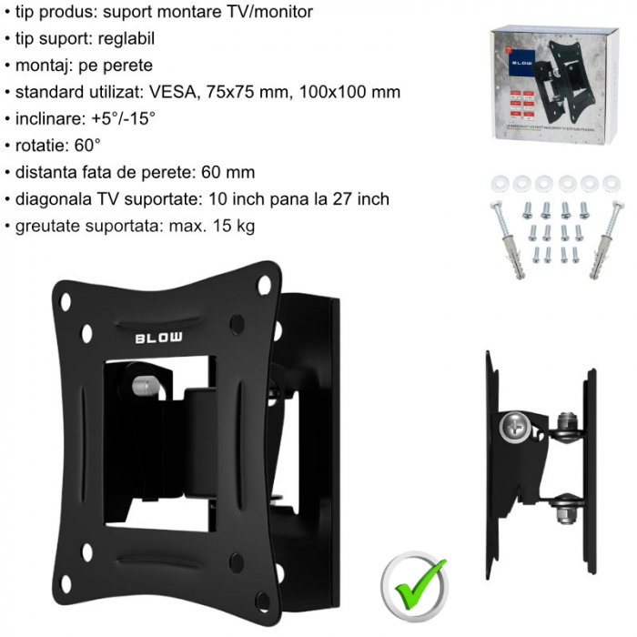 Suport TV/monitor universal, de perete, Blow 08174, rotire 60°, 10-27 inch, 15kg max, VESA 75x75mm/100x100mm, negru [7]