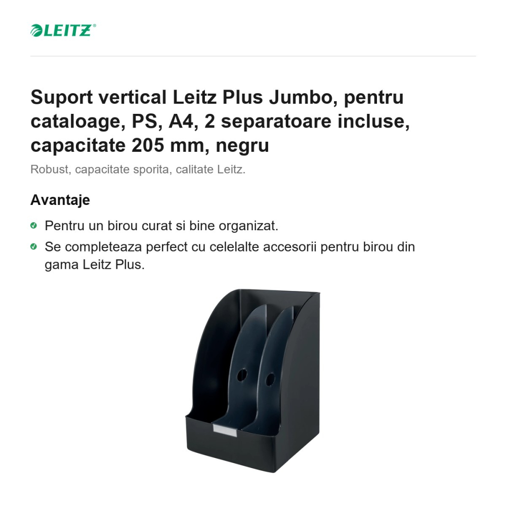 Suport vertical Leitz Plus Jumbo, pentru cataloage, PS, A4, 2 separatoare incluse, capacitate 205 mm, negru [2]