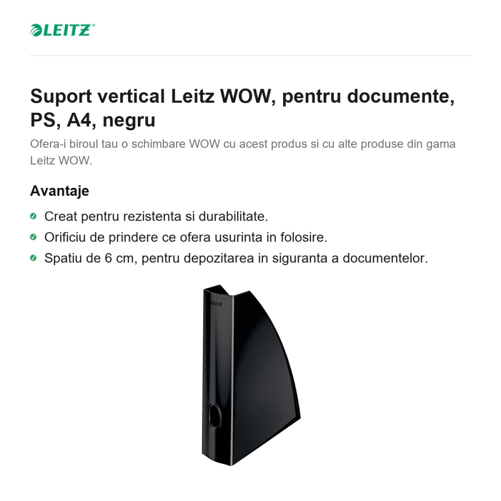 Suport vertical Leitz WOW, pentru documente, PS, A4, negru [2]