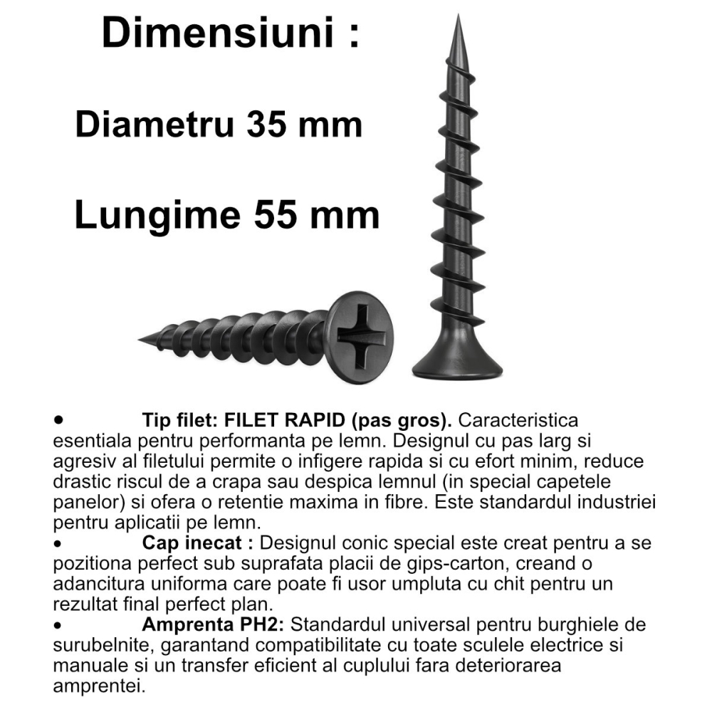 Surub autofiletant pentru gips-carton, 3.5x55 mm, filet rapid pentru lemn, cap inecat PH2, otel fosfatat [2]