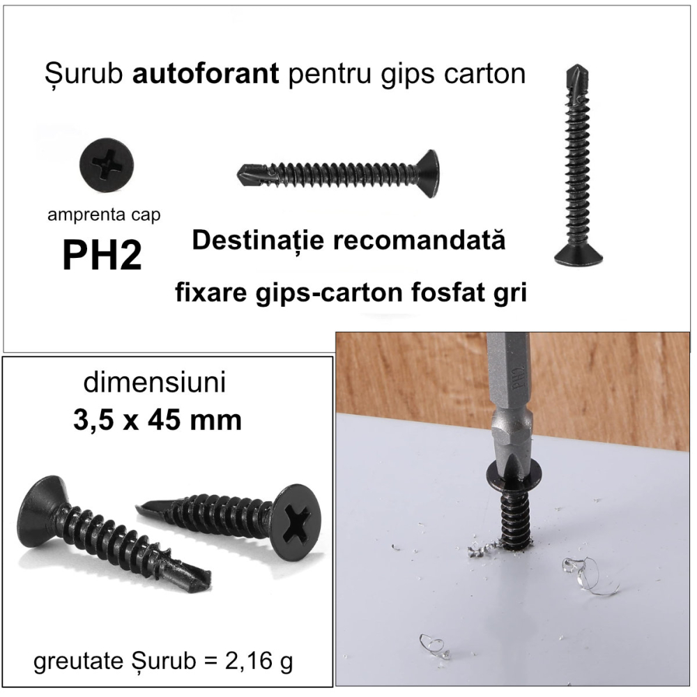 Surub autoperforant pentru rigips, 3.5x45 mm, varf forant, cap inecat, otel fosfatat, pentru straturi duble si aplicatii speciale, lungime extinsa, negru [2]