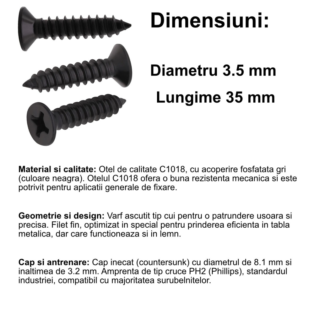 Surub universal pentru gips-carton, 3.5x35 mm, autofiletant, filet fin, cap inecat PH2, pentru profile metalice si lemn, otel fosfatat [2]