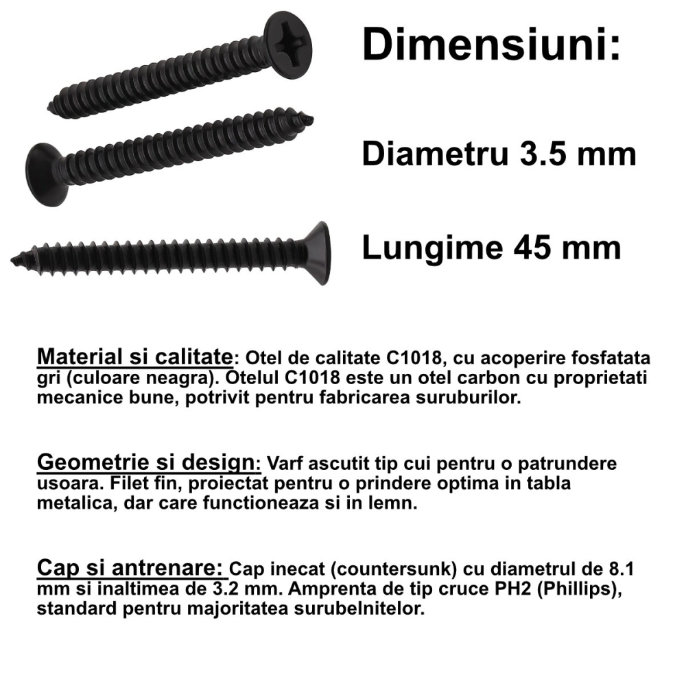 Surub universal pentru gips-carton, 3.5x45 mm, autofiletant, filet fin, cap inecat PH2, pentru profile metalice si structura lemn, otel fosfatat [2]