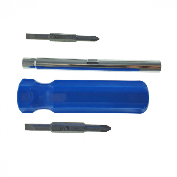 Surubelnita 4in1, cu tija 118x11mm , 2 capete drepte de 5 si 6 mm, 2 capete cruce de 5 si 6 mm, maner din plastic albastru [5]