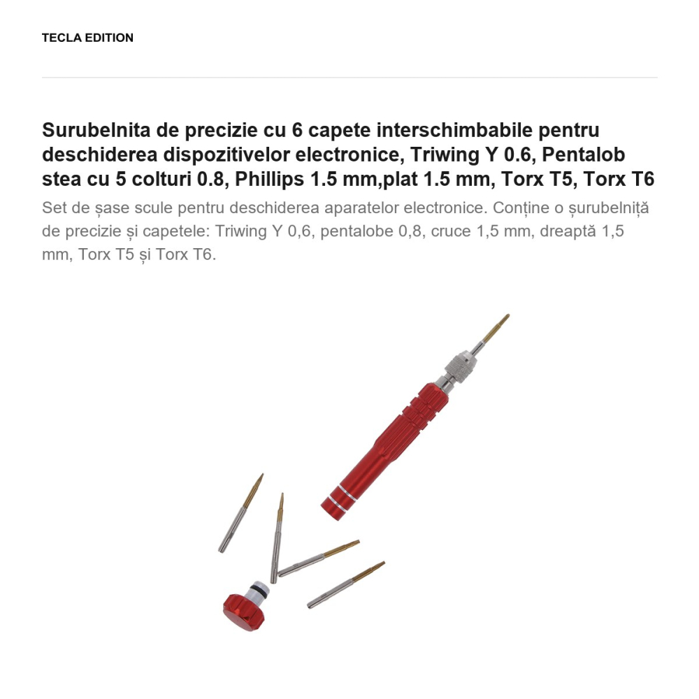 Surubelnita de precizie cu 6 capete interschimbabile pentru deschiderea dispozitivelor electronice, Triwing Y 0.6, Pentalob stea cu 5 colturi 0.8, Phillips 1.5 mm,plat 1.5 mm, Torx T5, Torx T6 [2]