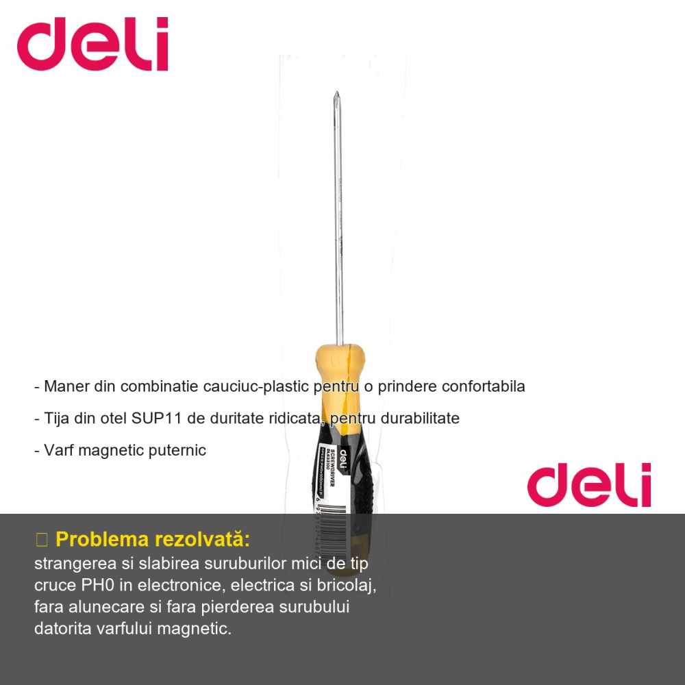 Surubelnita tip cruce Deli PH0, maner cauciuc-plastic antiderapant, varf magnetic, tija otel SUP11 [2]