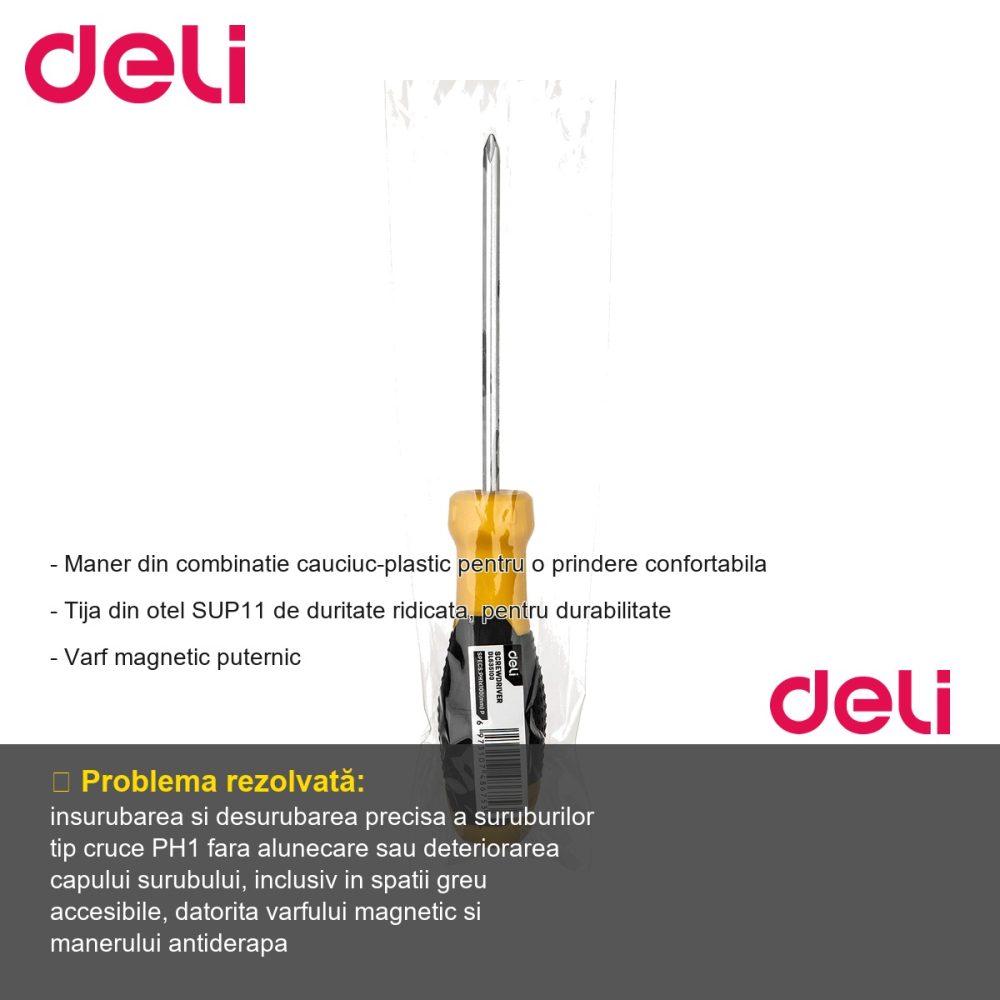 Surubelnita tip cruce Deli PH1, maner cauciuc-plastic antiderapant, varf magnetic, tija otel SUP11, pentru uz general [2]