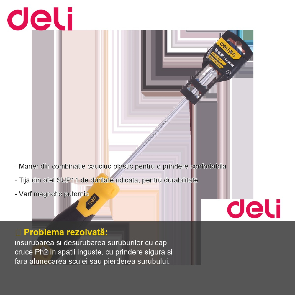 Surubelnita tip cruce Ph2 Deli, tija otel SUP11, varf magnetic, maner cauciuc-plastic antialunecare, 15 cm [2]
