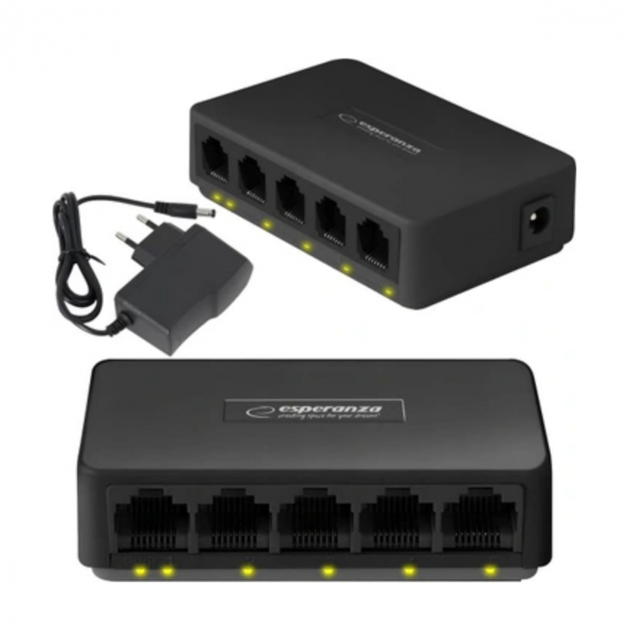 Switch Ethernet Gigabit cu 5 porturi RJ-45 10/100/1000 Mbps, 5V, cu incarcator, negru [2]