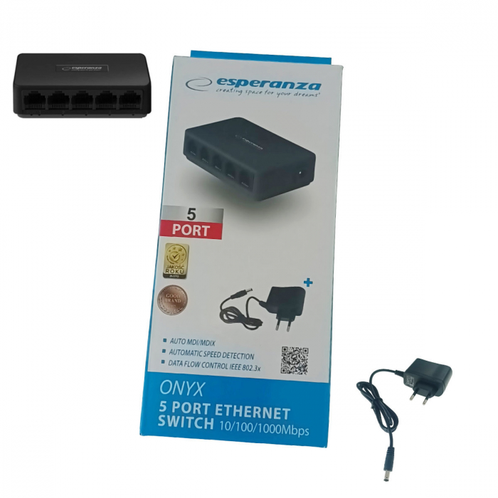 Switch Ethernet Gigabit cu 5 porturi RJ-45 10/100/1000 Mbps, 5V, cu incarcator, negru [3]